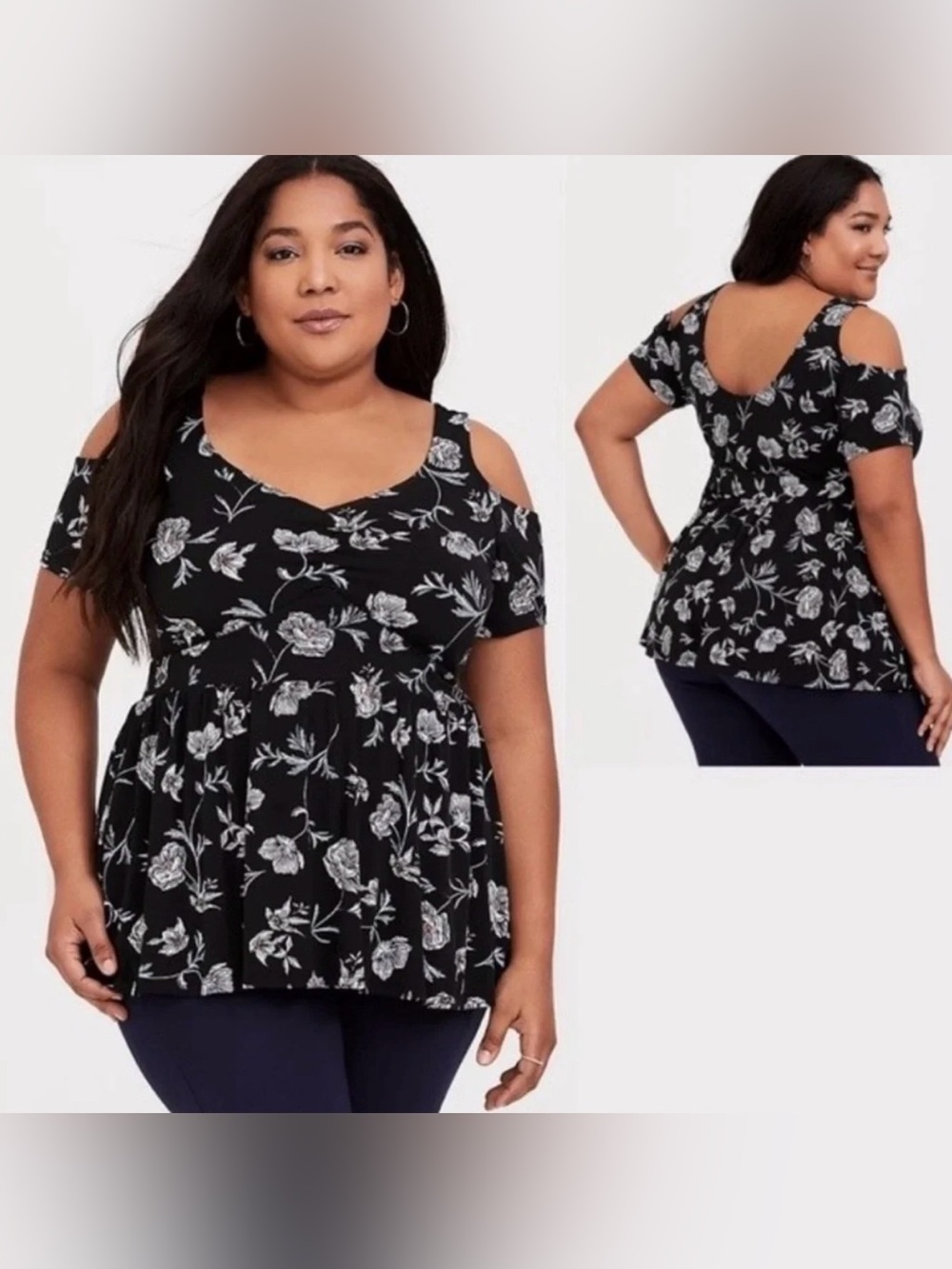 NWT Torrid Size 0 Black Floral Cold Shoulder Babydoll Top Plus Size Peplum
